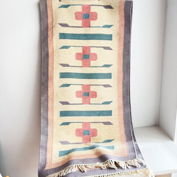 Handmade Other - Vintage Handmade Wool Pastel Ivory Pink Blue Long Runner Rug w Fringe